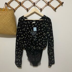 Free People Intimately Forties Feels Black Daisy Lace Bodysuit